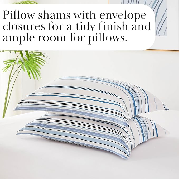 Southshore Fine Living, Inc. 3-Piece Queen Comforter Set, Down Alternative Blue Comforter Full Size with 2 Pillow Shams, Microfiber Bedding Set, Full or Queen Bed, Coastal Stripes Blue