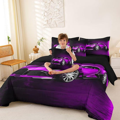 Feelyou Sports Car 7 Piece Bedding Set Purple Race Car Comforter Set with Sheets for Kids Boys Girls Extreme Sports Bed in a Bag Cool Speed Luxury Car Decor Quilt with 2 Pillowcases Queen