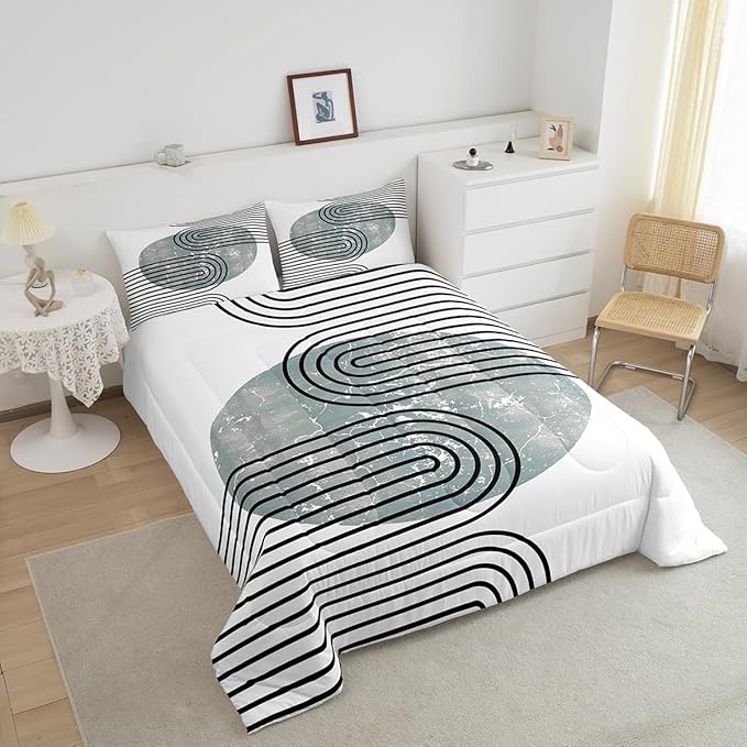 Erosebridal Mid Century Comforter Twin Modern Minimalism Bedding Set, Navy Blue Grunge Down Comforter Black Stripe Bed Set, Aesthetic Abstract Quilted Duvet 2pcs with 1 Pillow Case
