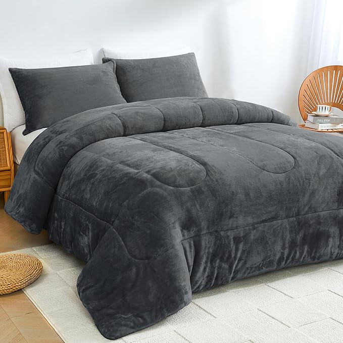 Faux Fur Comforter Set, Ultra Soft Warm Plush Velvet Comforter, Fluffy Fuzzy Fleece Bedding Comforter Sets for Fall Winter, No Shedding, 3PC, Queen Size, Dark Grey