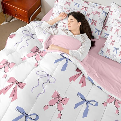 Erosebridal Bowknot King Comforter Set Bow 7-Piece Bed in A Bag Sweet Ribbon Dreamy Fairy Kawaii Sheets and Pillowcases Pink White Bed Sets