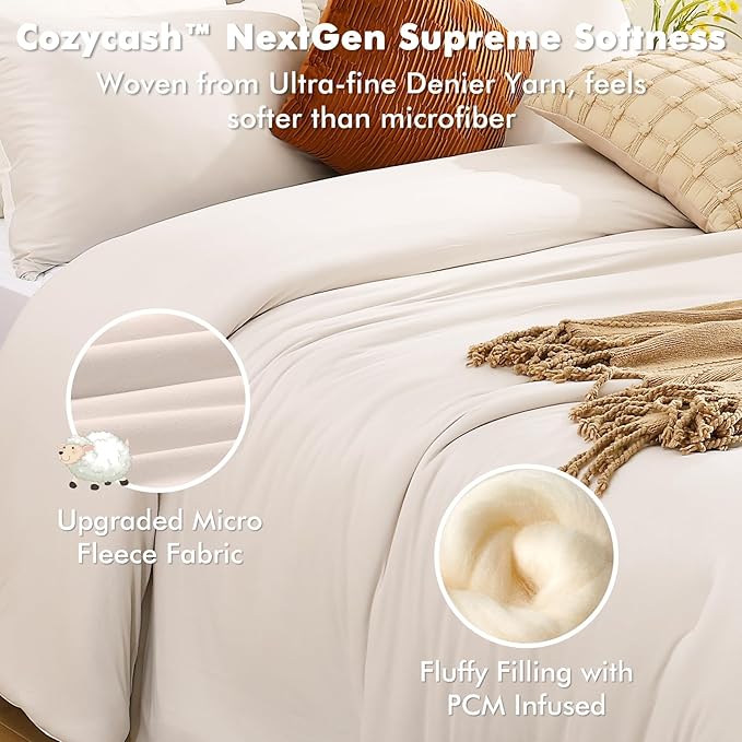 Elegear King Comforter Set Beige, PCM Tech Ultra-Soft Bedding Set, 2Pcs Upgraded Micro Fleece Lightweight Breathable Comforter Set All Season, 1 Reversible Comforter 102x90, 2 Zipper Pillowcases 20x36