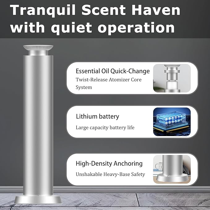 Wirless Rechargeable Waterless Scent Diffuser Kit, Includes 5 Premium Oils, 2000 Sq.Ft Coverage,Hotel Scent Diffuser for Home, Studio, Cordless Essential Oil Diffuser Large Room, APP Control - Silver