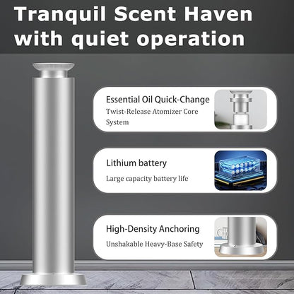 Wirless Rechargeable Waterless Scent Diffuser Kit, Includes 5 Premium Oils, 2000 Sq.Ft Coverage,Hotel Scent Diffuser for Home, Studio, Cordless Essential Oil Diffuser Large Room, APP Control - Silver