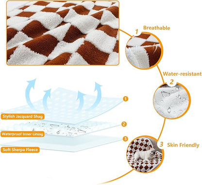 Waterproof Pet Blanket,Dog Bed Covers Small Throw for Puppy Cats Stylish Jacquard Pets Couch Sofa Furniture Protection Washable Reversible Covers (Coffee Check,XS)