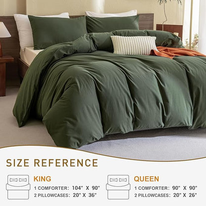 CozyTide Olive Green Comforter Set King (104×90 Inch),Cotton Dark Green Bedding Set, 3 Pieces(1 Comforter and 2 Pillowcases) Lightweight Fluffy Comforter Set Ultra Soft