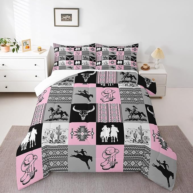 Western Comforter Set King Size,Cowgirl Bull Skull Cactus Print Bedding Set,Grey Pink Patchwork Plaid Striped Quilt Set for Kids Girls Women Boys Room Decor,Rustic Country Duvet Insert 3Pcs