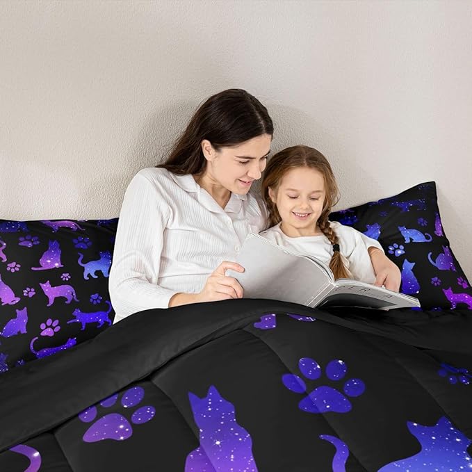 Erosebridal Cat Comforter Set King Cat Lovers Bedding Set Cats Cartoon Silhouette Purple Blue Reversible Black Ombre Down Comforter Neon Animal Paw Print Galaxy Slitter Stars Quilt Set For Kids
