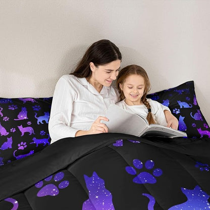 Erosebridal Cat Comforter Set King Cat Lovers Bedding Set Cats Cartoon Silhouette Purple Blue Reversible Black Ombre Down Comforter Neon Animal Paw Print Galaxy Slitter Stars Quilt Set For Kids