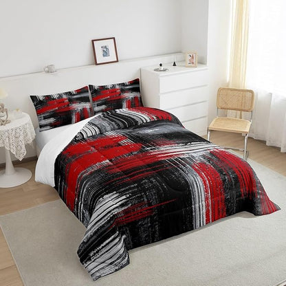 Feelyou Red Black and Grey Comforter Geometric Artistic Smear Comforter Set Abstract Graffiti Art Bedding Set Contemporary Modern Brush Design Duvet Set Room Decor Quilt Set Toddler Size
