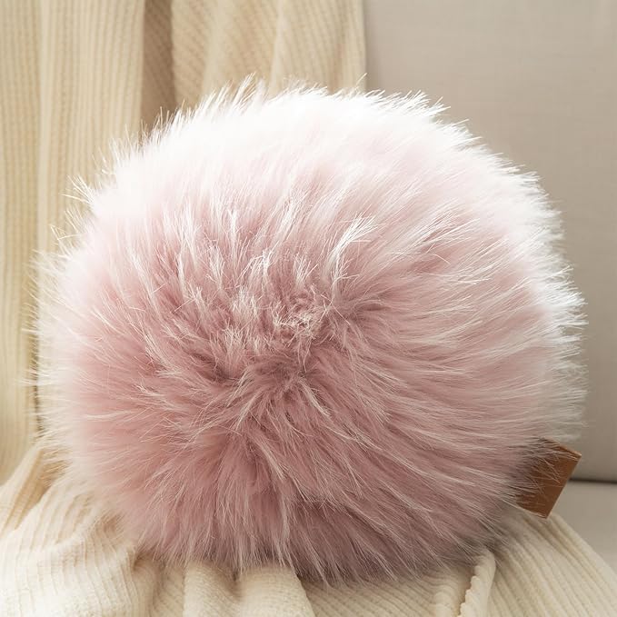 Ashler Plush Round Pillows, Ball Throw Pillow with Handle, Faux Fur Luxury Soft Decorative Cushion, Modern Home Decor Fluffy Round Pillow for Sofa, Bed, Chair, Light Pink, 12 x 12 inch
