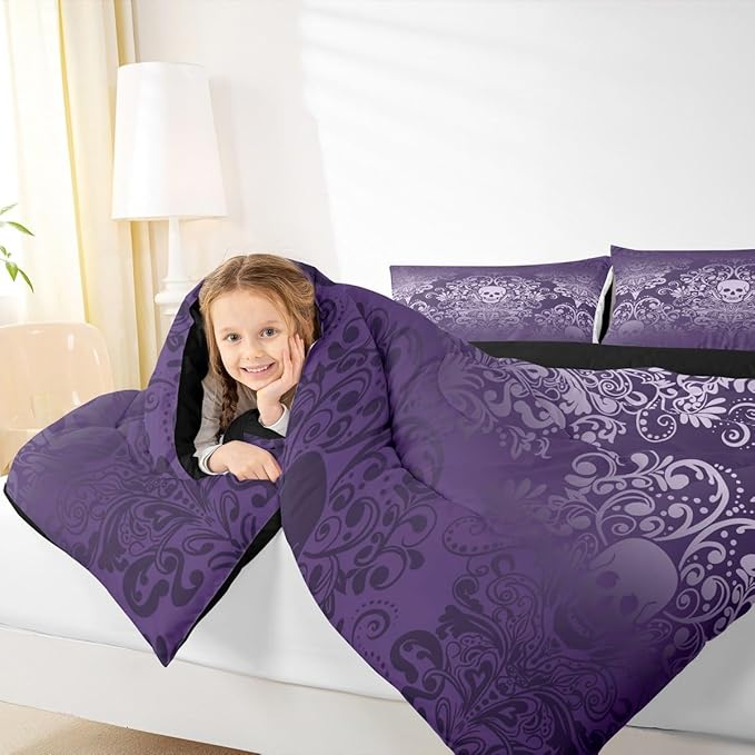 Feelyou Adults Gothic Skull Bedding Set Twin Size Kids Damask Print Comforter Goth Bohemian Duvet Breathable Soft Lightweight Microfiber Purple Room Decor with 1 Pillowcase
