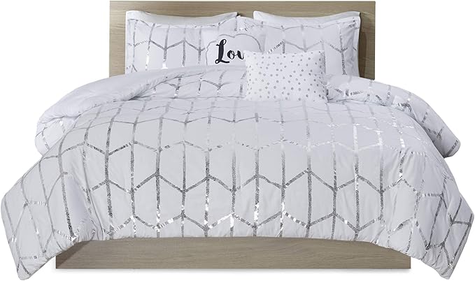 Intelligent Design Raina Full/Queen Comforter Set, Soft Microfiber, Modern Geometric Metallic Bed Set, 5 Pieces College Bedding with 2 Shams, 2 Toss Pillows White/Silver