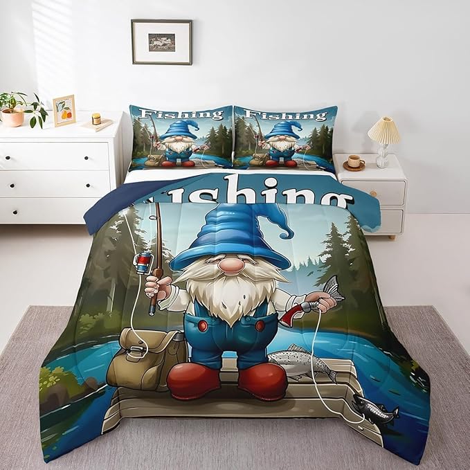 Erosebridal Fishing Gnome Queen Bedding Set,Fisherman and Fish Comforter Set for Kids Boys Men,Fishing Lake House Comforter,Rustic Country Gnomes Bedroom Room Decor,2 Pillowcases Breathable