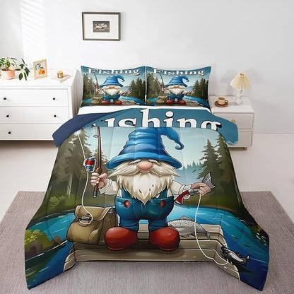 Erosebridal Fishing Gnome Queen Bedding Set,Fisherman and Fish Comforter Set for Kids Boys Men,Fishing Lake House Comforter,Rustic Country Gnomes Bedroom Room Decor,2 Pillowcases Breathable