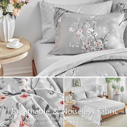 AIKASY Bed in a Bag 7 Pieces Queen Size - Floral Print - Soft Microfiber, Reversible Bed Comforter Set (1 Comforter, 2 Pillow Shams, 1 Flat Sheet, 1 Fitted Sheet, 2 Pillowcases)（Grey, Queen）