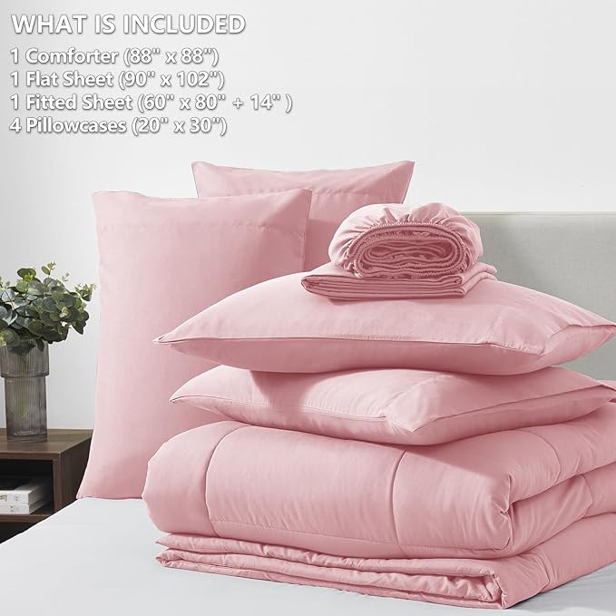 CozyLux Queen Size Comforter Sets Pink, 7 Pieces Bed in a Bag, Pink Comforter Queen Size, All Season Bedding Sets with Stitch Quilted Comforter, Flat Sheet, Fitted Sheet, Pillowcases