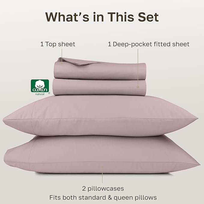 California Design Den Thick and Natural 100% Cotton Sheets Queen Size Set - 1000 Thread Count Sateen, Deep Pocket Queen Sheets, Durable Bedding - Sepia Rose