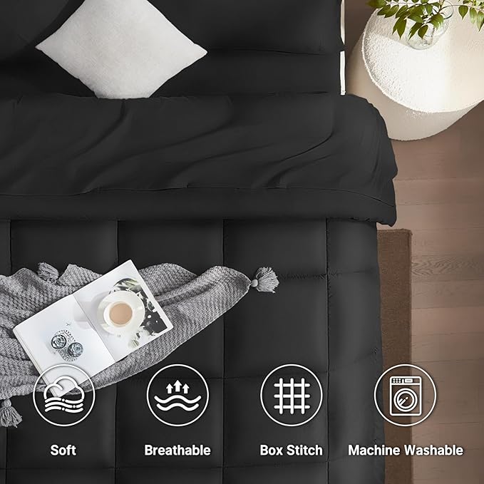 SunStyle Home Full/Queen Comforter Set - 7 Pieces Black Bed in a Bag, All Season Soft Comforters Queen Size Bedding Sets Includes 1 Comforter, 1 Flat Sheet, 1 Fitted Sheet, 4 Pillowcases