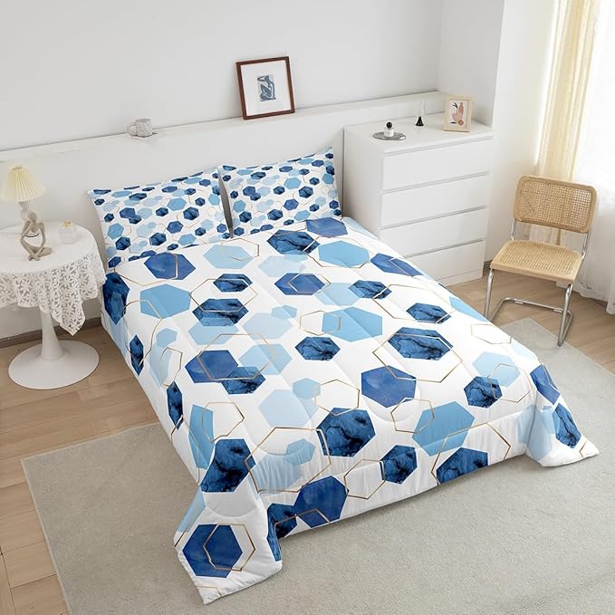 Erosebridal Geometric Hexagon Comforter Twin Navy Blue Bedding Set, Watercolor Honeycomb Down Comforter Abstract Tie Dye Bed Set, Luxury Gold Hexagon Quilted Duvet Microfiber
