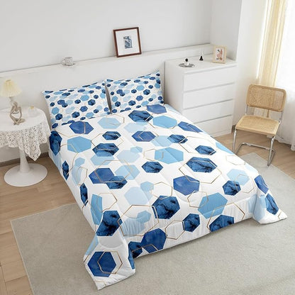 Erosebridal Geometric Hexagon Comforter Twin Navy Blue Bedding Set, Watercolor Honeycomb Down Comforter Abstract Tie Dye Bed Set, Luxury Gold Hexagon Quilted Duvet Microfiber