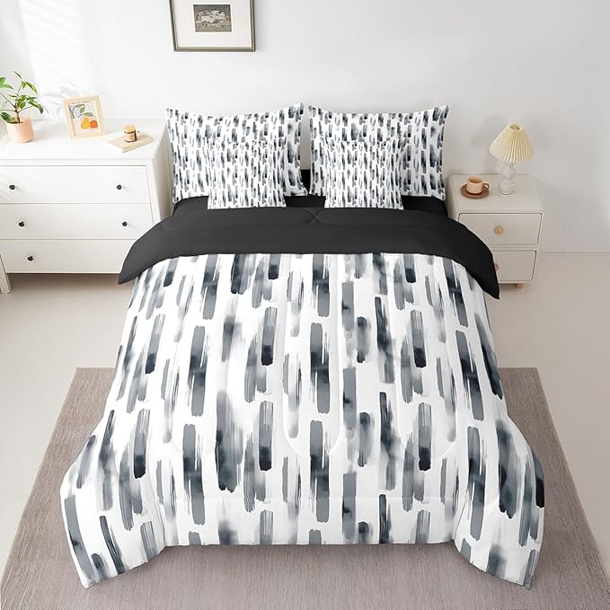 Erosebridal 7Pcs Black and White King Size Comforter Set,Gray Art Abstract Striped Bed in A Bag for Women Men Adults,Boho Graffiti Watercolor Modern Bedding with Bed Sheets,Geometric Quilt Set