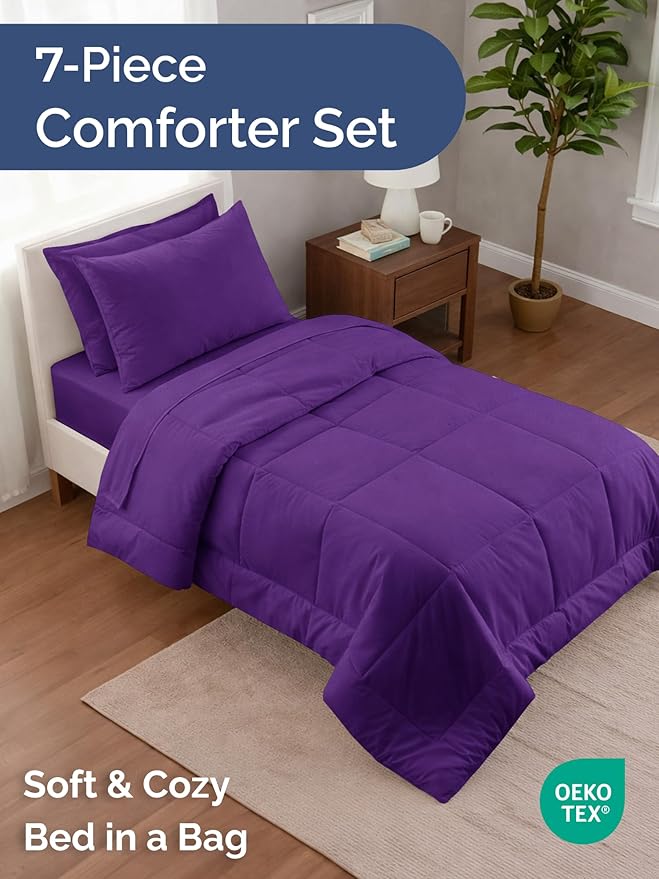 Twin Comforter Set - 5 Piece Bed in a Bag Twin Size Bed Set - Down Alternative Comforter, Flat Sheet, Fitted Sheet, Pillowcase & Sham for All Seasons - Ultra Soft, Cozy, Comfy & Breathable - Purple