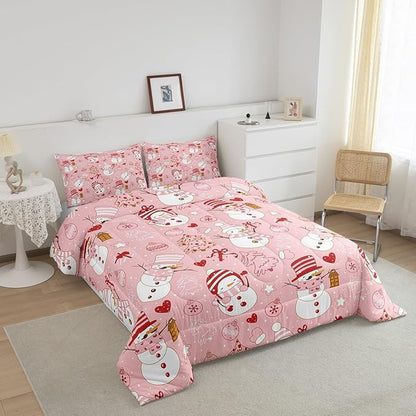 Cute Snowman Comforter Set Kids Full Size,Cartoon Christmas Tree Bells and Snowflake Pattern Quilt Set Pink White Red Bedding Set for Girls Boys Woman Room Decor,Soft Winter Duvet Insert 3Pcs