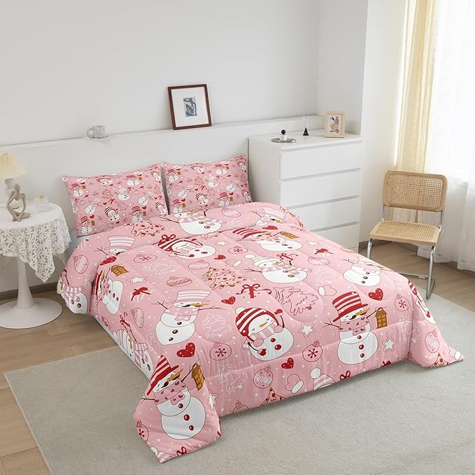 Cute Snowman Comforter Set Kids King Size,Cartoon Christmas Tree Bells and Snowflake Pattern Quilt Set Pink White Red Bedding Set for Girls Boys Woman Room Decor,Soft Winter Duvet Insert 3Pcs