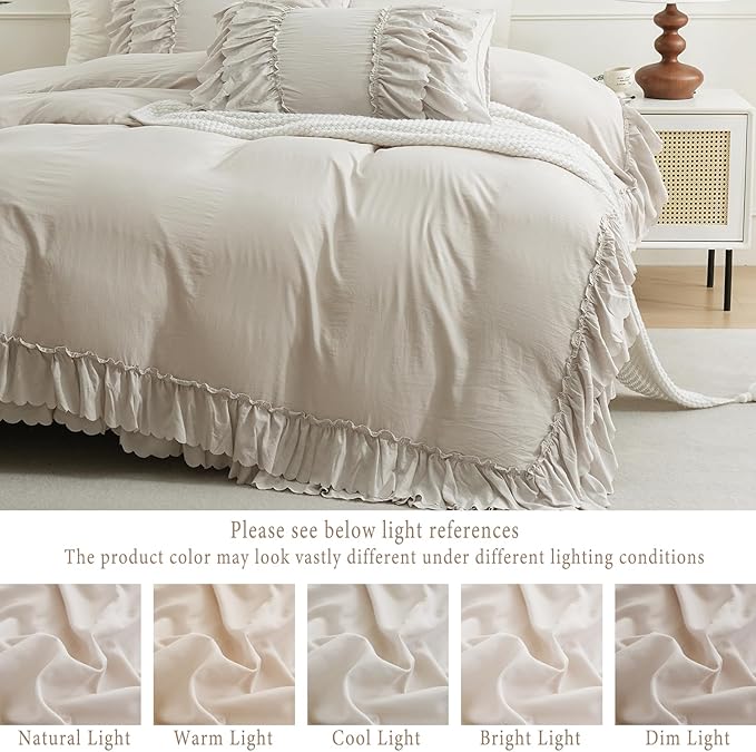 Herside Beige Ruffle Comforter King Size,Shabby Chic Boho Bedding Set,2 Layers Ruffles Fluffy Vintage Comforter Home Decor,Farmhouse 3 Pcs Microfiber Lightweight Quilt Set for Women Girls