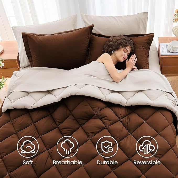 MUXHOMO 5 Pieces Twin XL Comforter Set, Reversible Bed in a Bag Twin XL Size, All Season Bedding Set with Comforter, Flat Sheet, Fitted Sheet, Pillowcases & Shams, Brown & Khaki