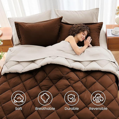 MUXHOMO 7 Pieces California King Comforter Set, Reversible Bed in a Bag Cal King Size, All Season Bedding Set with Comforter, Flat Sheet, Fitted Sheet, Pillowcases & Shams, Brown & Khaki