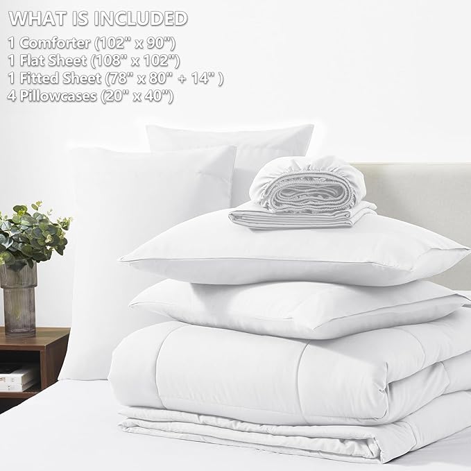 CozyLux King Size Comforter Set White, 7 Pieces Bed in a Bag, White Comforter King Size, All Season Bedding Sets with Stitch Quilted Comforter, Flat Sheet, Fitted Sheet, Pillowcases
