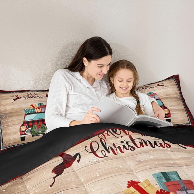 Rustic Farmhouse Brown Wooden 3 Pcs Queen Size Comforter Set,Snowflake Deer Red Plaid Down Alternative Adults Room Decor,Christmas Plaid Truck Ultra Soft Microfiber Inner Fill 3Pcs Bedding