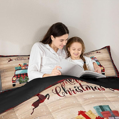 Rustic Farmhouse Brown Wooden 3 Pcs Queen Size Comforter Set,Snowflake Deer Red Plaid Down Alternative Adults Room Decor,Christmas Plaid Truck Ultra Soft Microfiber Inner Fill 3Pcs Bedding