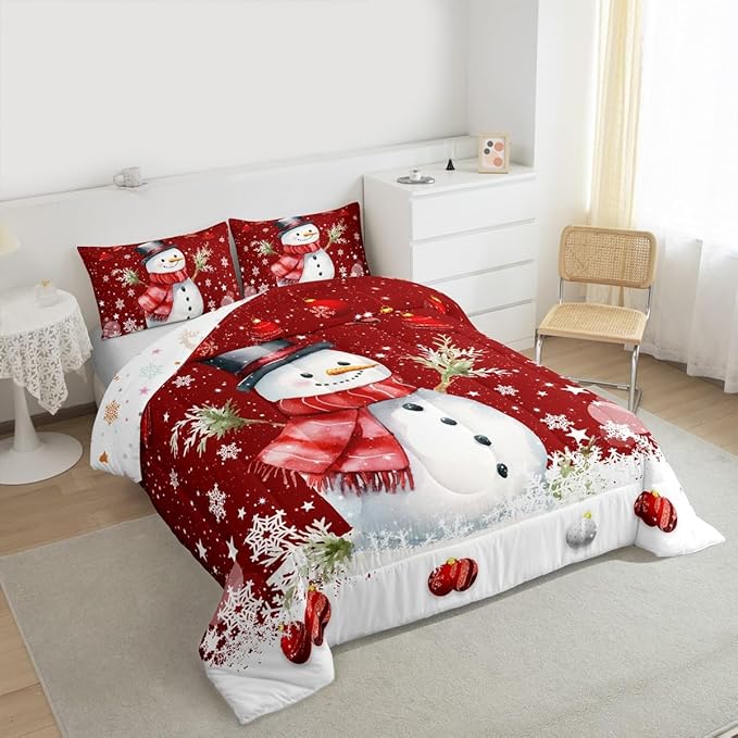 Cute Snowman Comforter Set King Size,Merry Christmas Bedding Set 3Pcs Xmas Red Bells and Snowflake Quilt Set for Kids Boys Girls Teens Room Decor Watercolor Cartoon Duvet Insert,2 Pillowcases