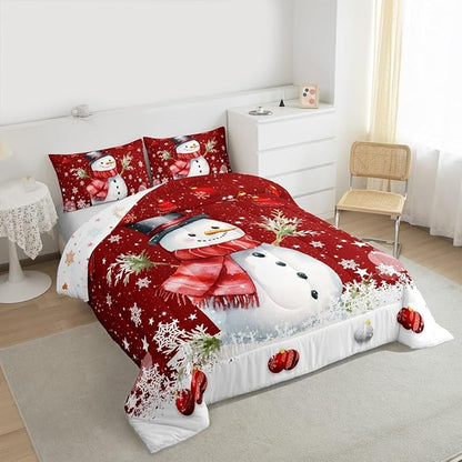 Cute Snowman Comforter Set King Size,Merry Christmas Bedding Set 3Pcs Xmas Red Bells and Snowflake Quilt Set for Kids Boys Girls Teens Room Decor Watercolor Cartoon Duvet Insert,2 Pillowcases