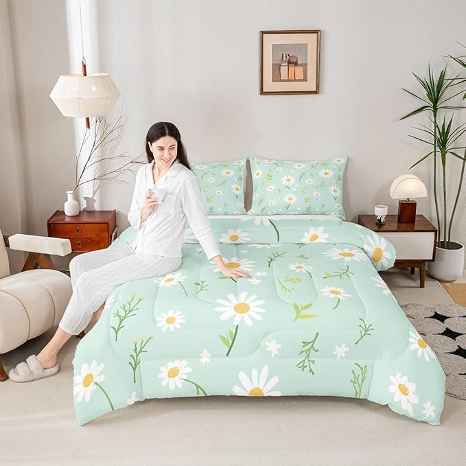 Manfei Cute Flower Comforter Set King Size, Botanical Theme Floral Print Bedding Set 3pcs for Kids Girls Room Decor, Watercolor Daisy Quilt Set Soft Polyester Duvet Set with 2 Pillowcases