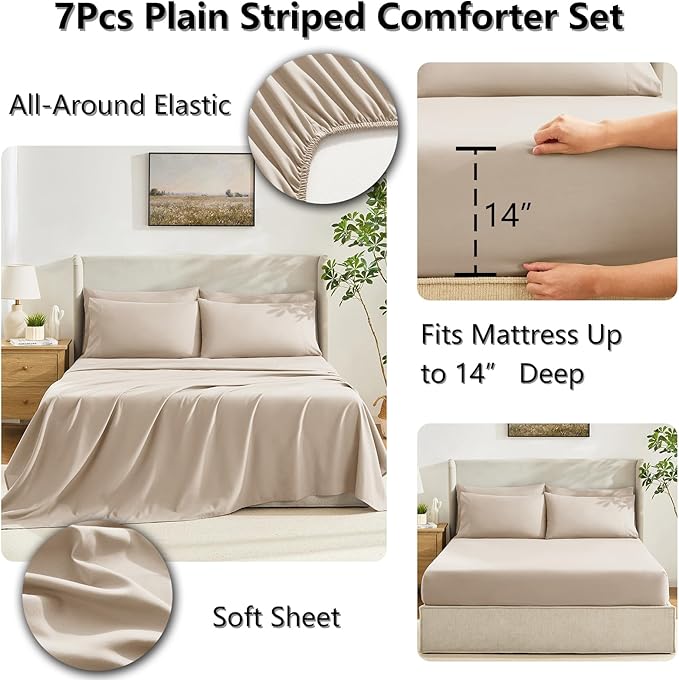 CozyLux Queen Size Comforter Sets Wheat, 7 Pieces Bed in a Bag, Wheat Comforter Queen Size, All Season Bedding Sets with Stitch Quilted Comforter, Flat Sheet, Fitted Sheet, Pillowcases