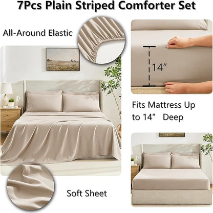 CozyLux Queen Size Comforter Sets Wheat, 7 Pieces Bed in a Bag, Wheat Comforter Queen Size, All Season Bedding Sets with Stitch Quilted Comforter, Flat Sheet, Fitted Sheet, Pillowcases