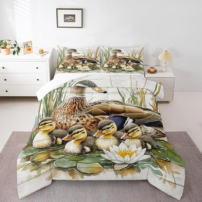 Manfei Animals Duck King Bedding Set,Kawaii Duck Family Comforter Set Reversible Bed Set KidsBedroom Decor,Natural Flowers Leaves 3 Pieces Quilt Set,Farmhouse Wooden Cabin Duvet Insert,2 Pillow Cases