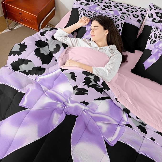 Feelyou Purple Silk Bowknot 7 Piece Bedding Set Queen Size Grey Leopard Comforter Set with Sheets for Kids Girls Women Black Purple Bed in a Bag Sweet Romantic Bed Set