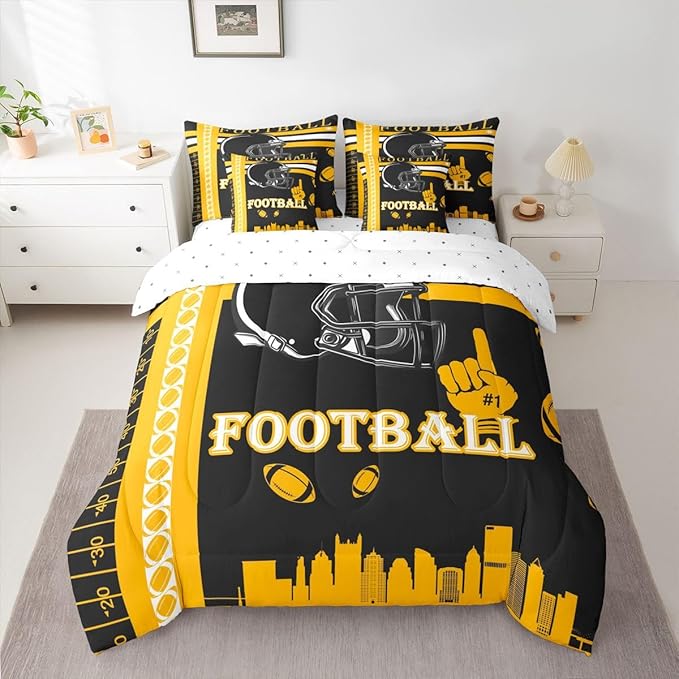 Feelyou Football 7 Pieces Comforter Sets Queen Size Bedding Set for Boys Kids Teen Sports Theme Football City Bed in a Bag with Comforter, Sheets, Pillowcases & Cushion Cover