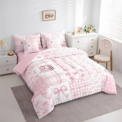 Feelyou Pink Bow Comforter Set Twin Size 7 Pieces Cute Bowknot Bedding Set for Kids Boys Girls Princess Bow Bed in a Bag with Comforter, Sheets, Pillowcases, Cushion Covers Kawaii Bedroom Decor
