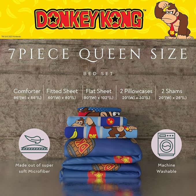 Collectibles Nintendo Donkey Kong Gaming Bedding 7 Piece Super Soft Reversible Comforter and Sheet Set with Sham, Queen, (Officially Licensed Product) by Franco