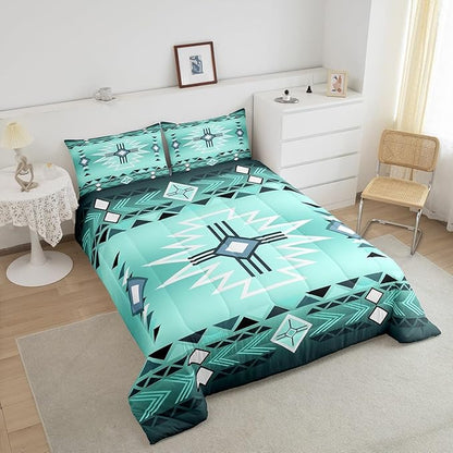 Bright Green Aztec Tribal Arrow Comforter Set Queen Size,Southwest Quilt Set Rustic Western Striped Bedding Set for Kids Girls Boys Adult Room Decor,Vintage Cowboy Duvet Insert,2 Pillowcases