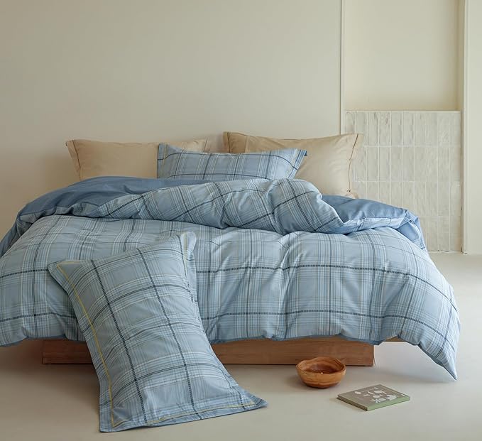 King Size Blue Plaid Comforter Set, 3Pcs Cotton Duvet for All Seasons, Warmth Breathable Bedding Set with 1 Lightweight Comforter and 2 Pillow Shams