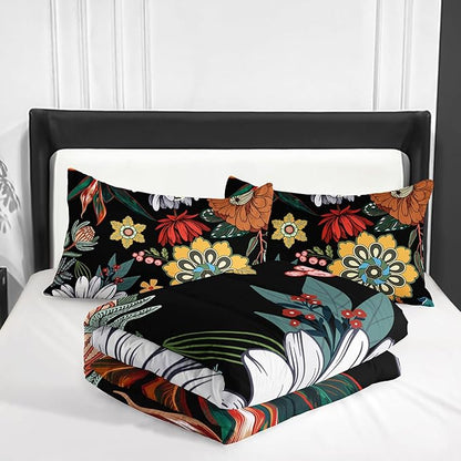 3 Pieces Colorful Floral Comforter Set,Bohemian Botanical Bedding Set Full Size,Boho Farmhouse Flower Leaves Printed on Black Design,All Season Lightweight Soft Microfiber Bedding with 2 Pillow Shams