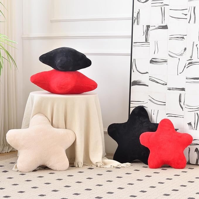 Xiashrk Star Pillow, Decorative Throw Pillows for Bed Couch, 15" Star Shaped Pillow Plush Floor Cushions Room Decor Pillow with Faux Rabbit Fur for Sofa Bedroom Living Room (Red, 15" x 15")