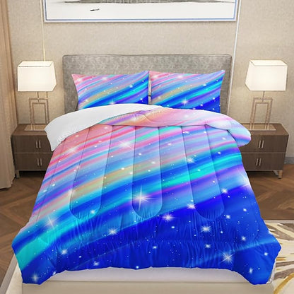 Pink Rainbow Gradient Star Comforter Set Queen Size,Colorful Bedding Set for Boys Girls Teens,Tie Dye Pastel 3 Pieces Duvet Sweet Bedroom Decor